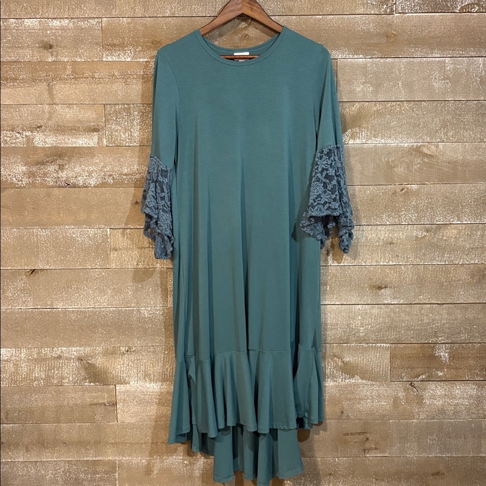 LuLaRoe Teal High Low Dress with Lace Sleeves
